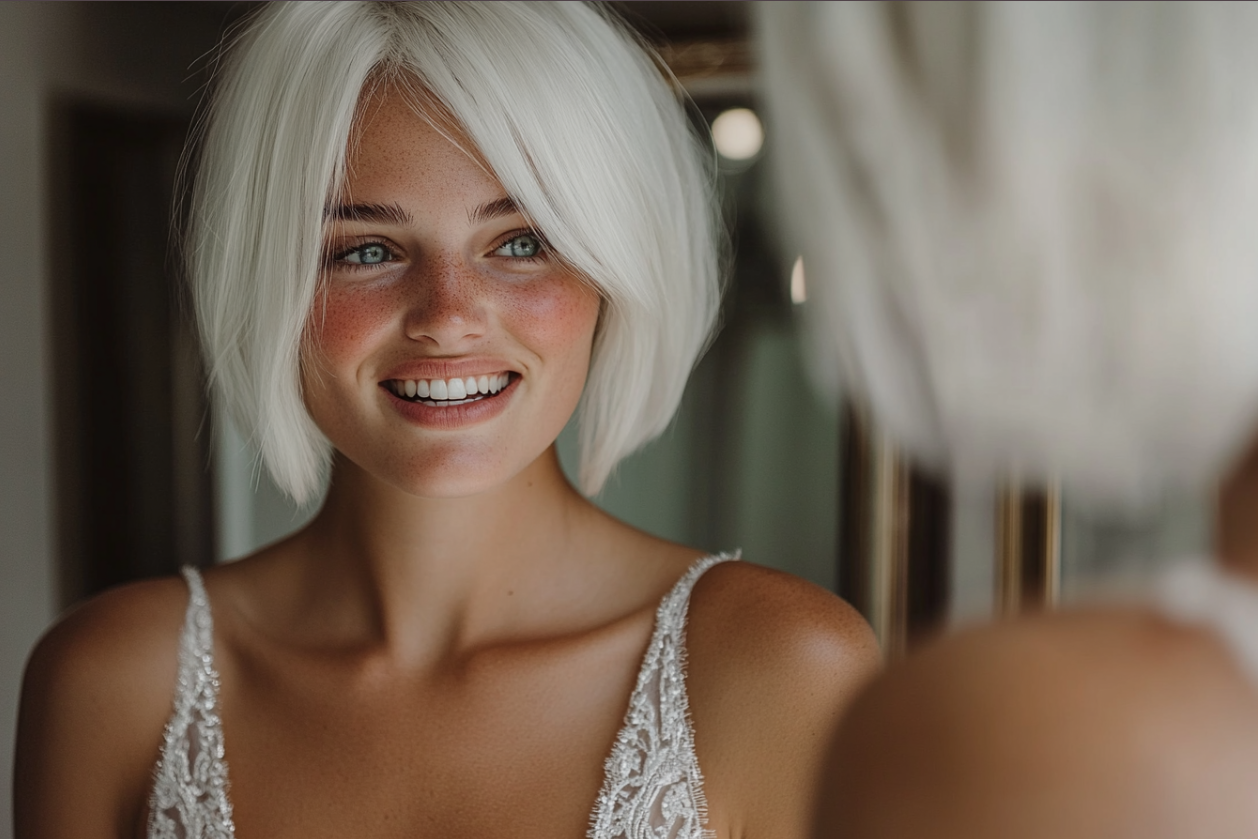 Une femme en train d'ajuster sa robe de mariée | Source : Midjourney