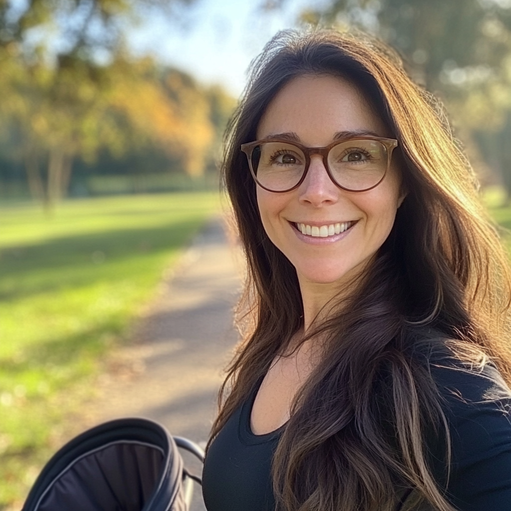 Une femme souriante dans un parc | Source : Midjourney