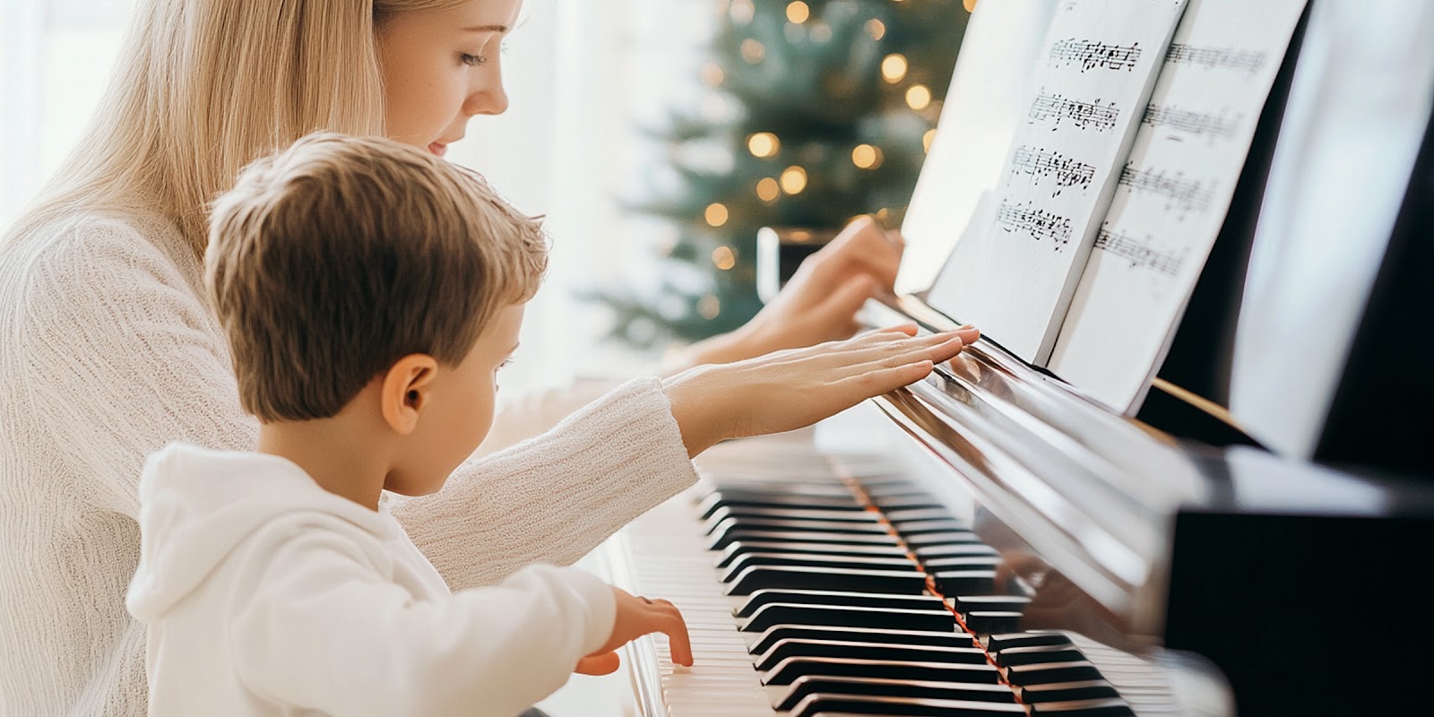 Professeur guidant un jeune garçon au piano | Source : Midjourney