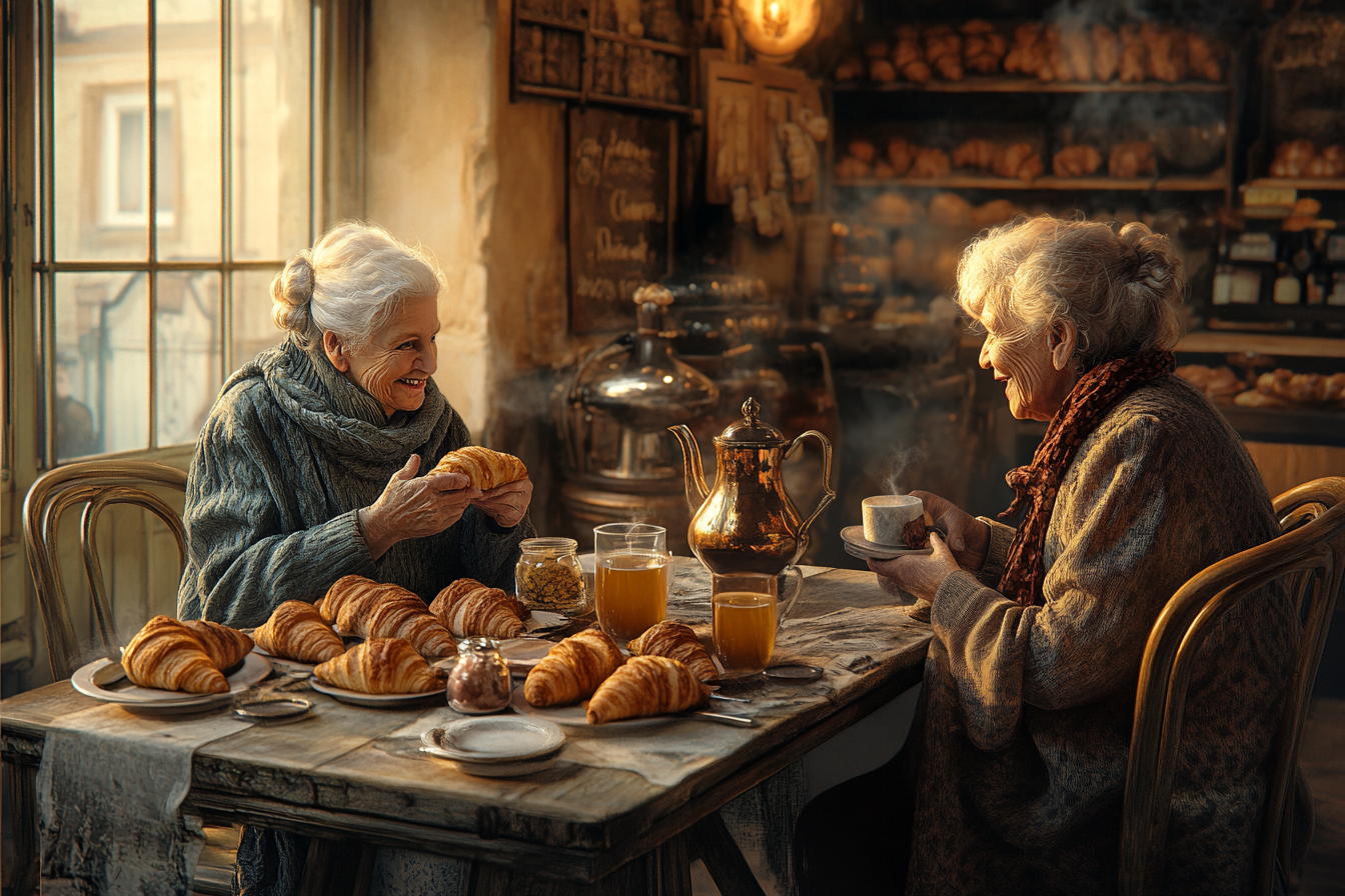 Deux dames âgées discutent dans une boulangerie | Source : Midjourney