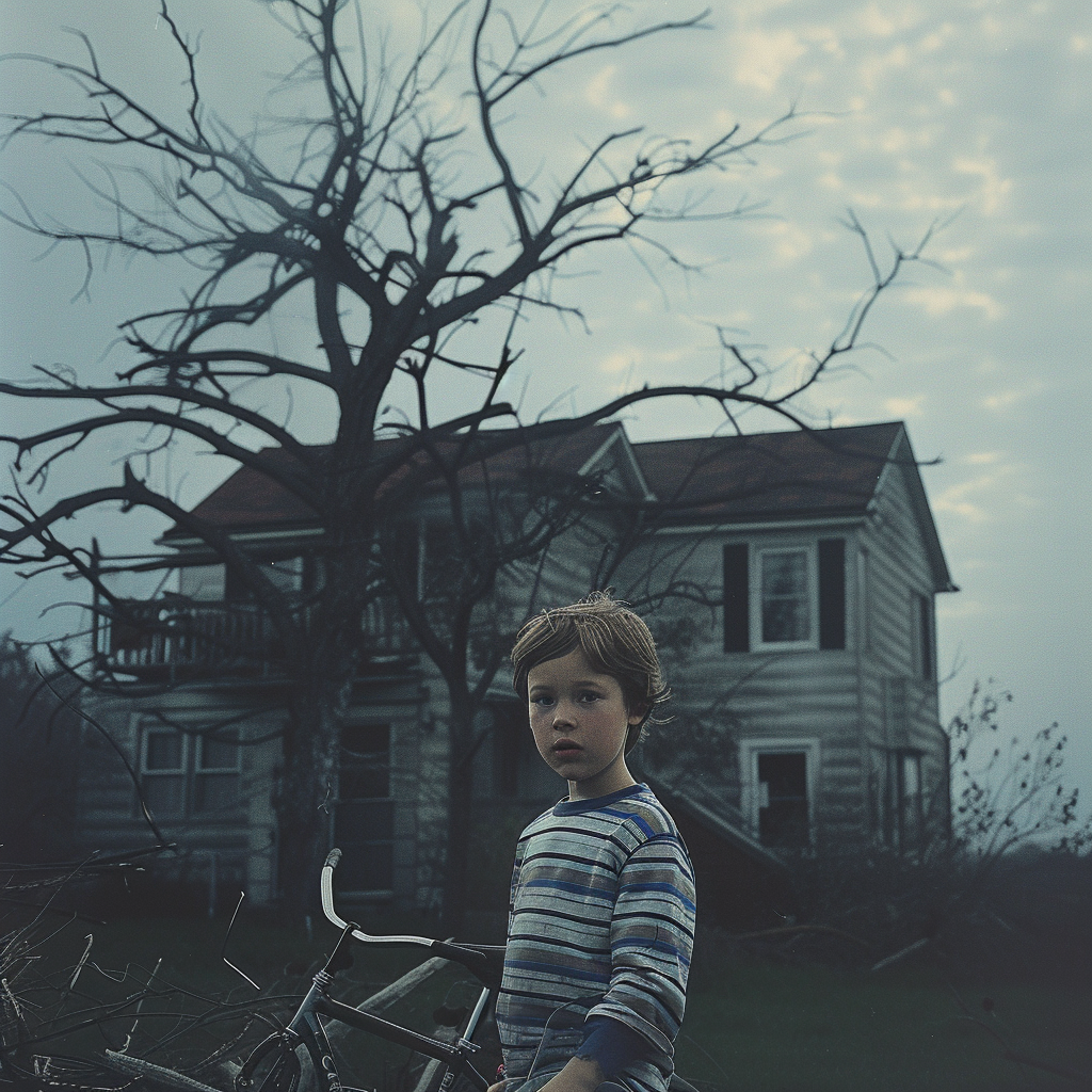 Un garçon avec son vélo se tenant devant une maison effrayante.