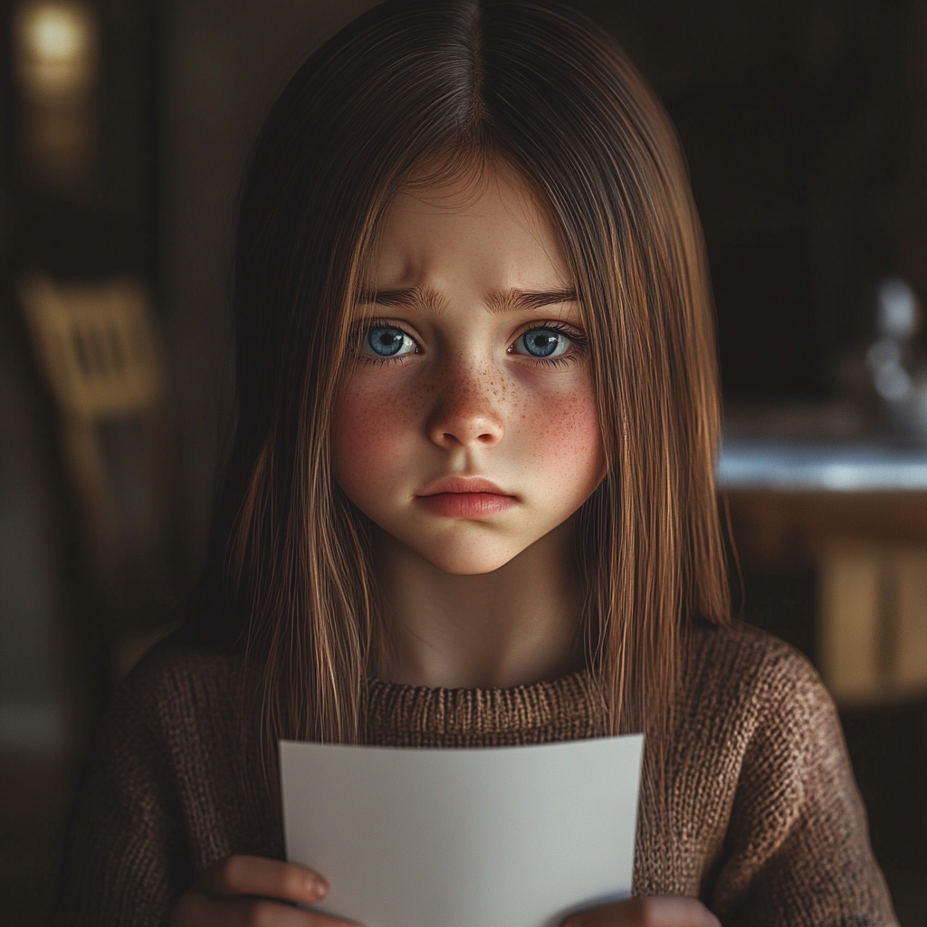 A desperate little girl holding a piece of paper | Source: Midjourney