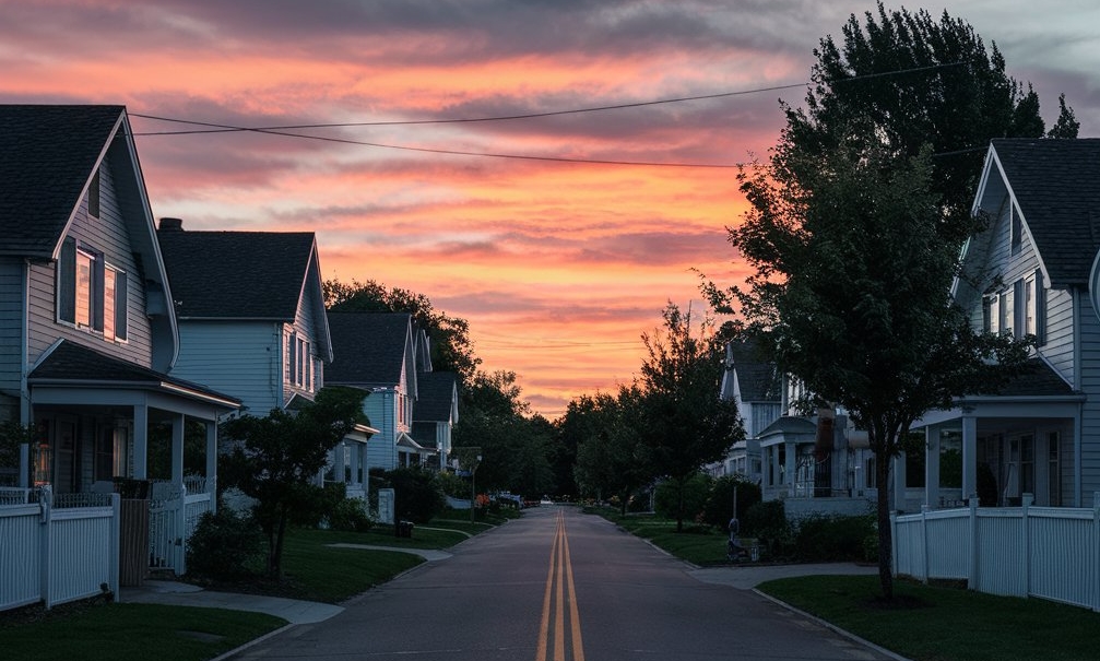 Une rue tranquille de banlieue au coucher du soleil | Source : Midjourney