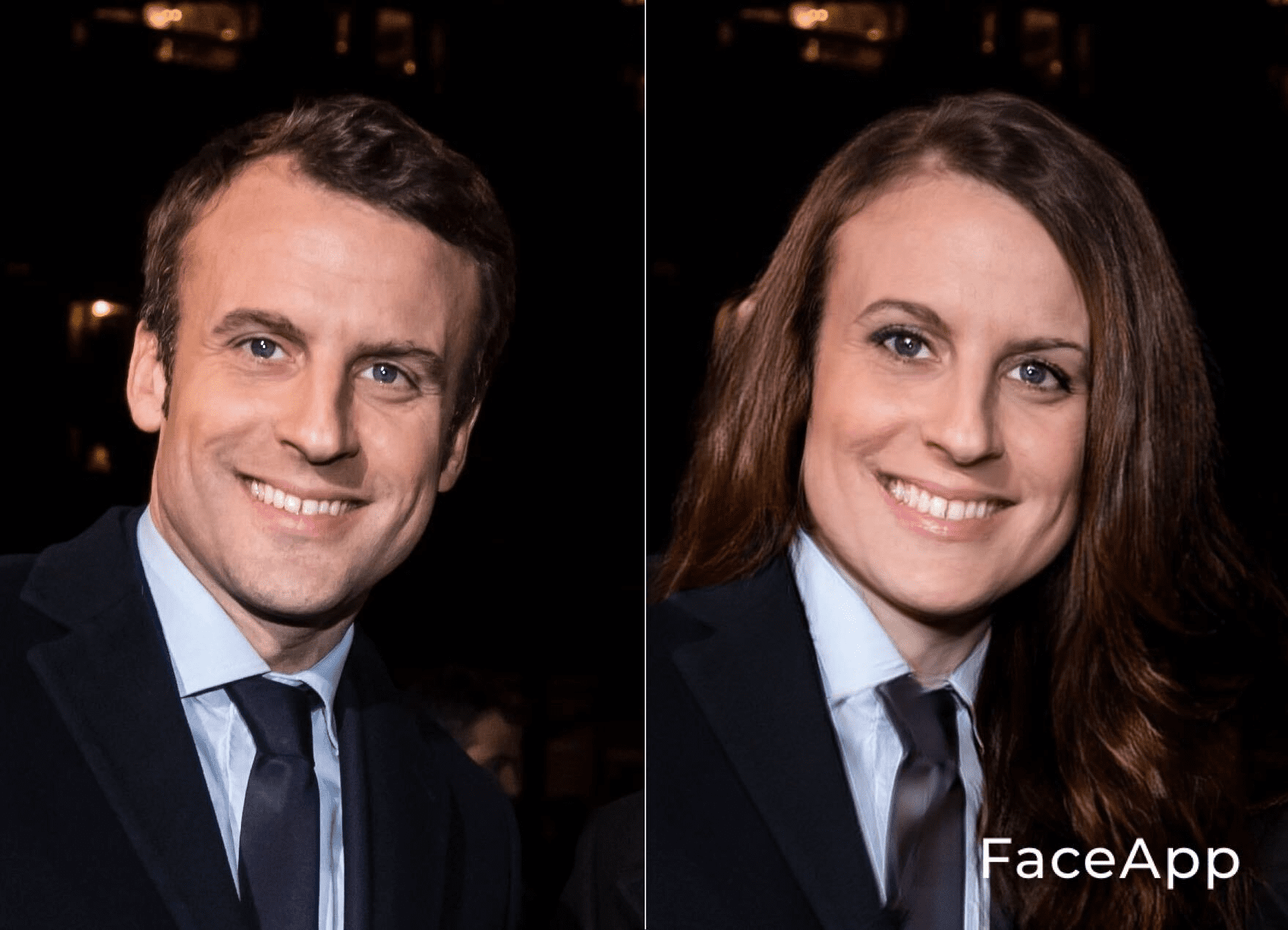 Le Président Emmanuel Macron en femme. l Source : Getty Images/Face App