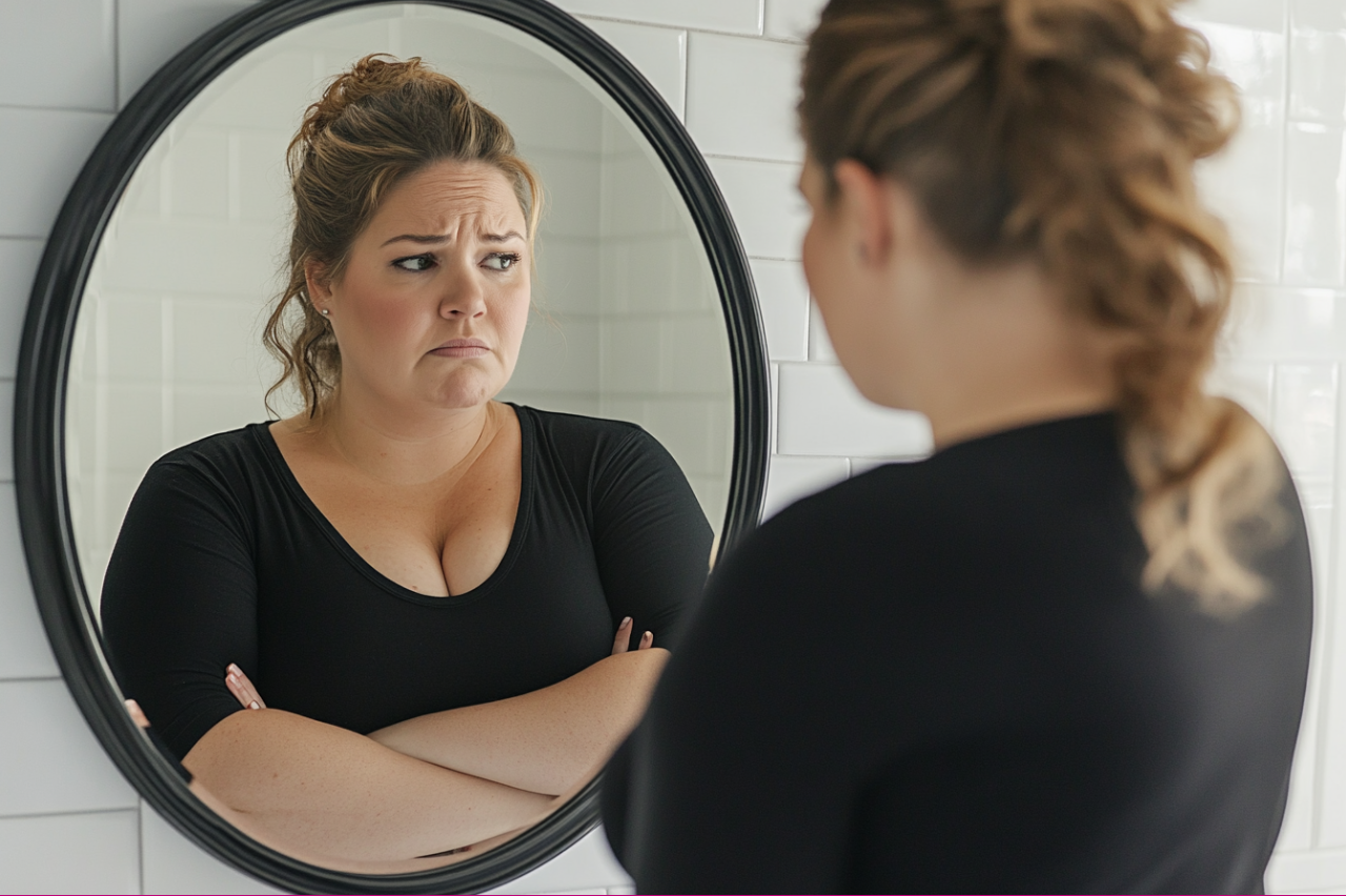 Une femme se regardant tristement dans un miroir | Source : Midjourney