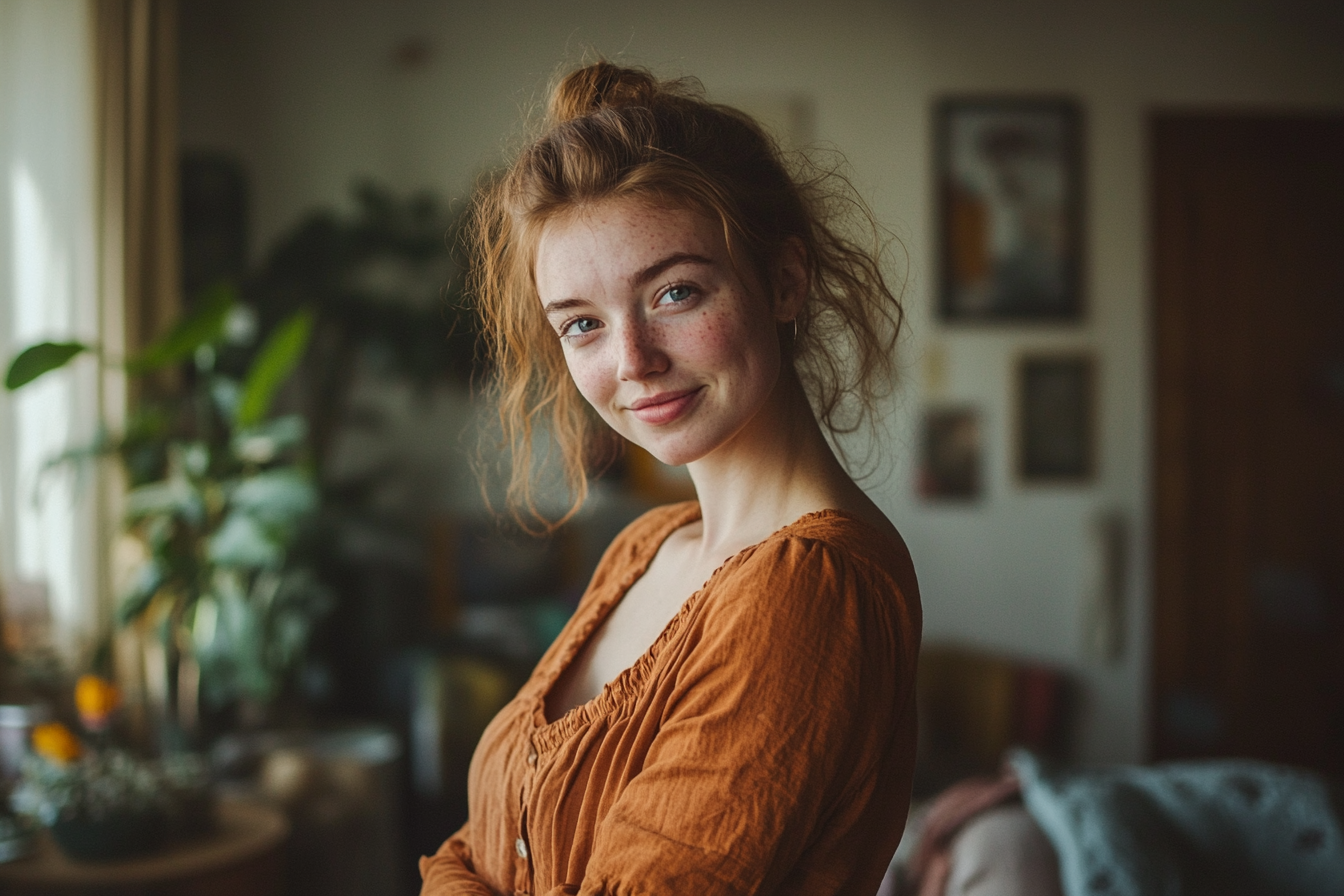 Une femme souriante debout dans un salon | Source : Midjourney