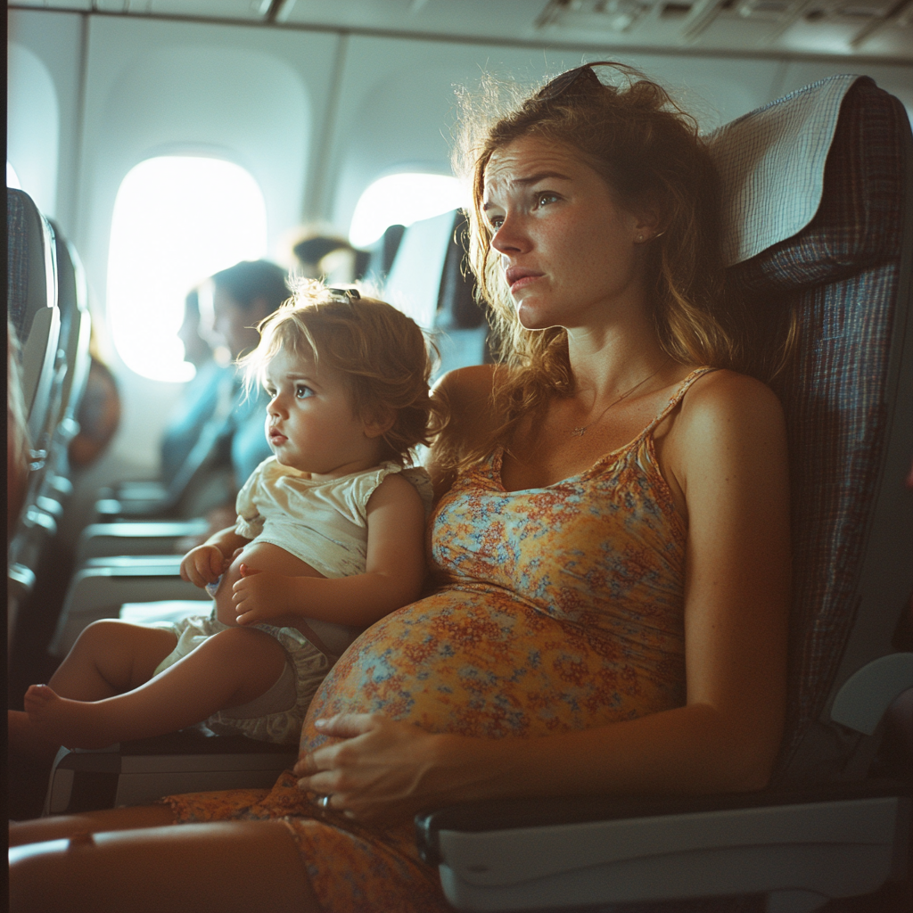 A restless pregnant woman with a toddler on her lap | Source: Midjourney