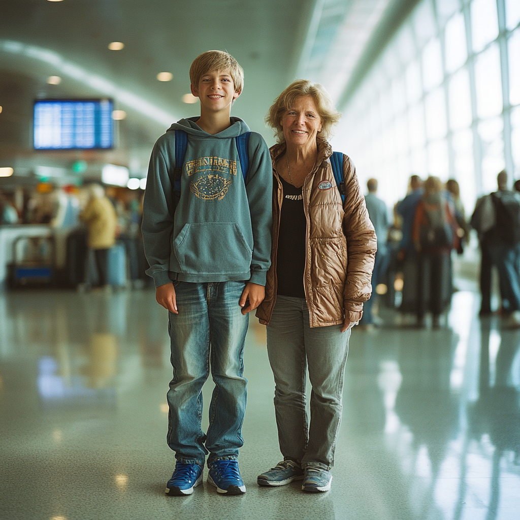 A happy teenager with his mother at the airport | Source: Midjourney