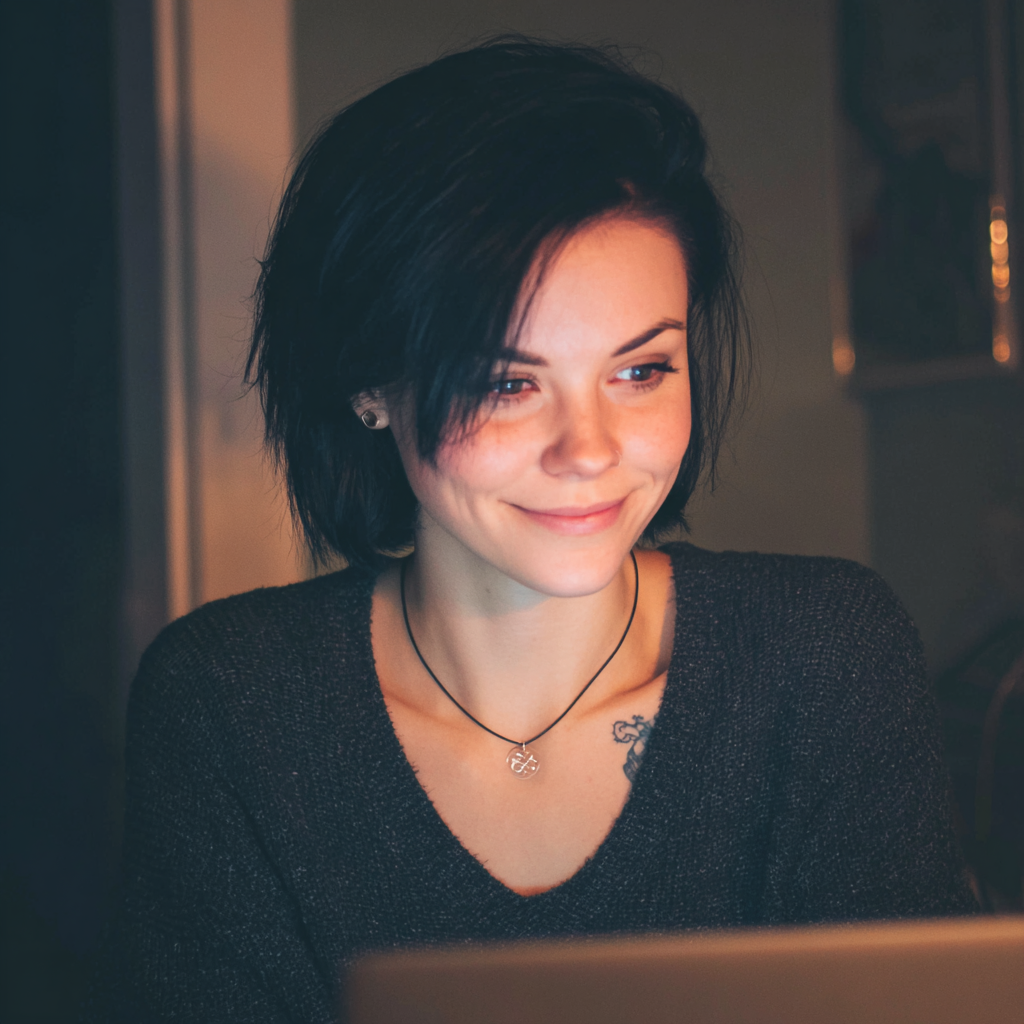 Une femme souriante utilisant son ordinateur portable | Source : Midjourney