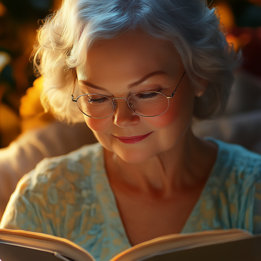 Une femme âgée souriante lisant un livre | Source : Midjourney