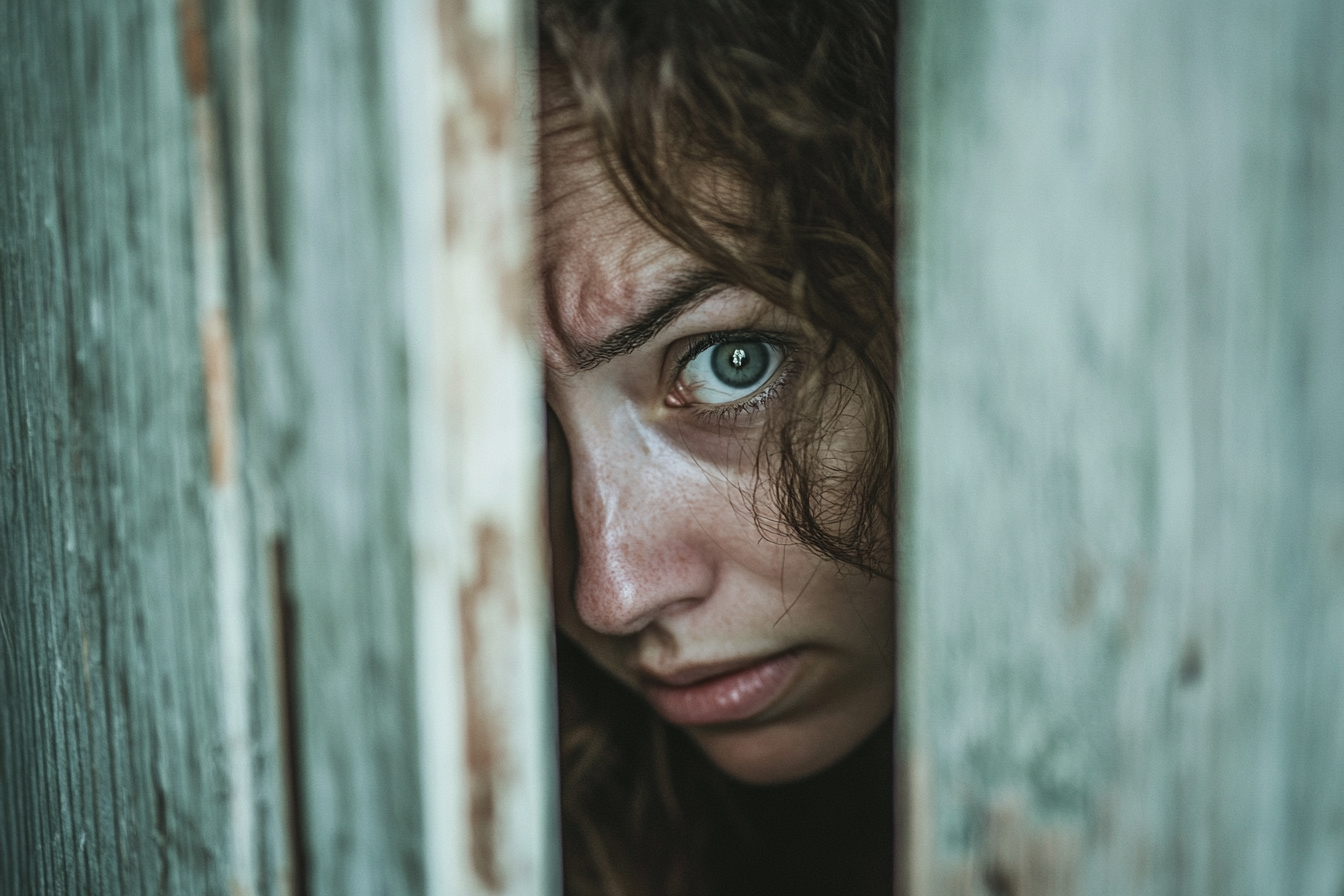 Une femme qui jette un coup d'œil par une porte légèrement ouverte | Source : Midjourney