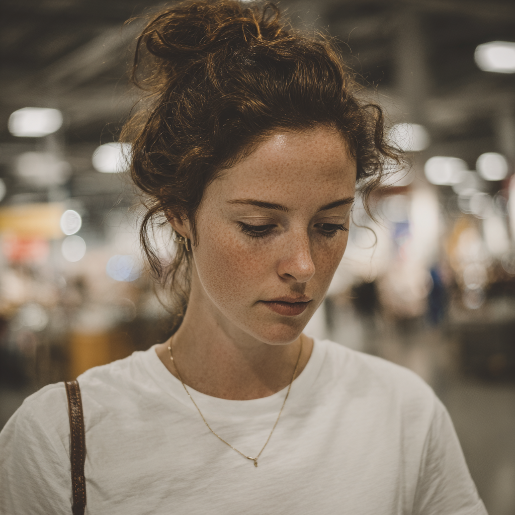 Une femme bouleversée qui regarde le sol | Source : Midjourney