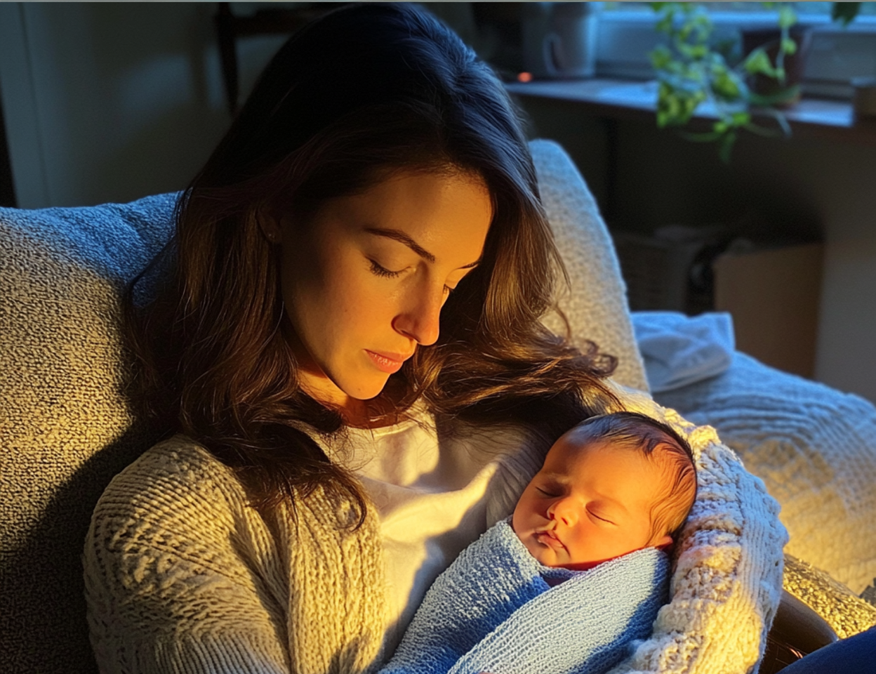 Une femme tenant un bébé garçon | Source : Midjourney