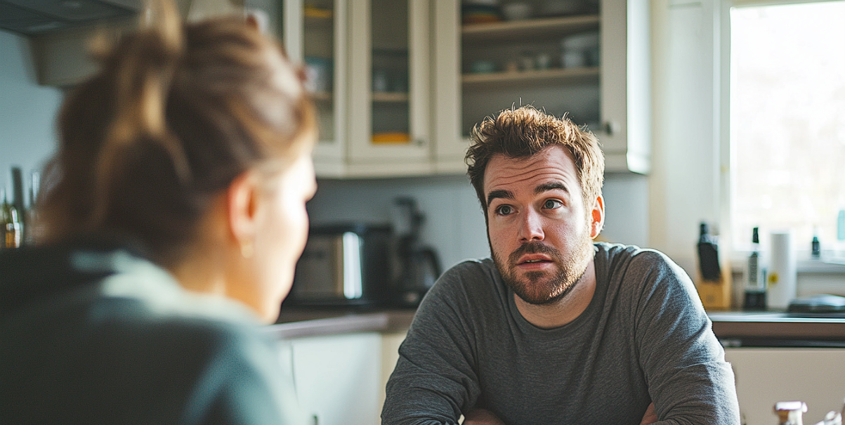 Un couple ayant une conversation sérieuse à la table de la cuisine | Source : Midjourney