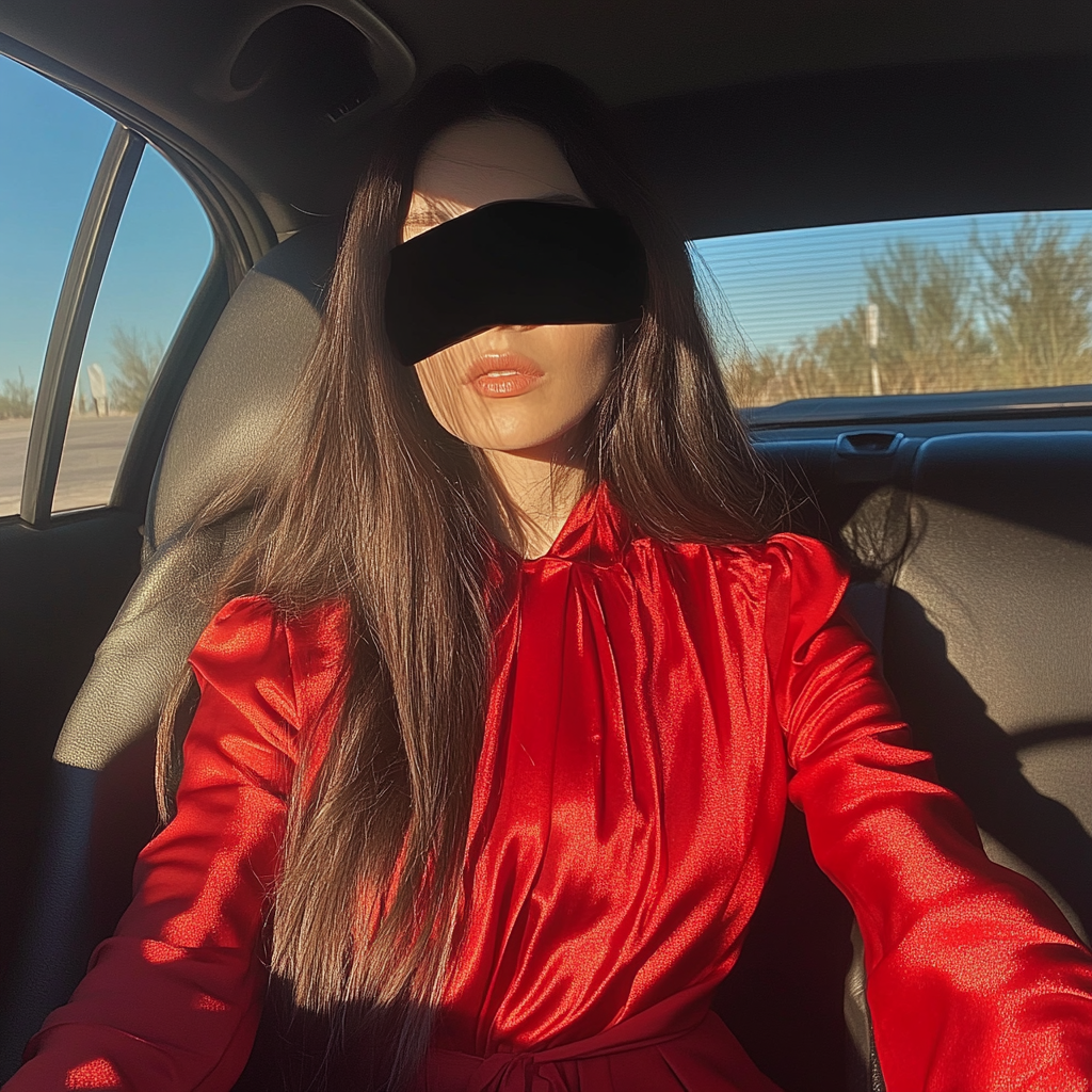 Une femme assise dans une voiture avec un bandeau noir | Source : Midjourney