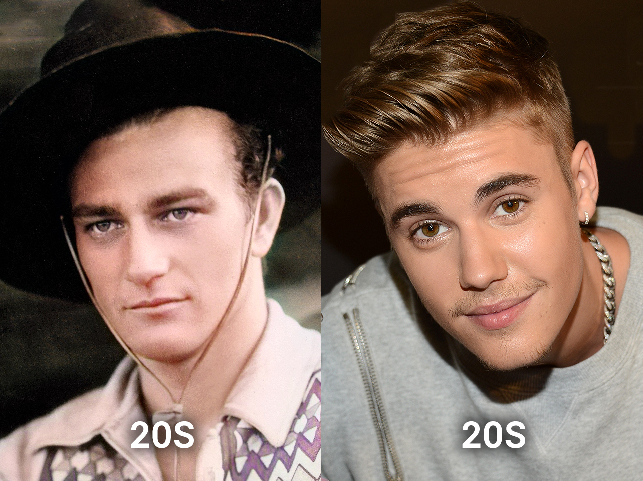 John Wayne [à gauche]. Justin Bieber [à droite] | Source : Getty Images