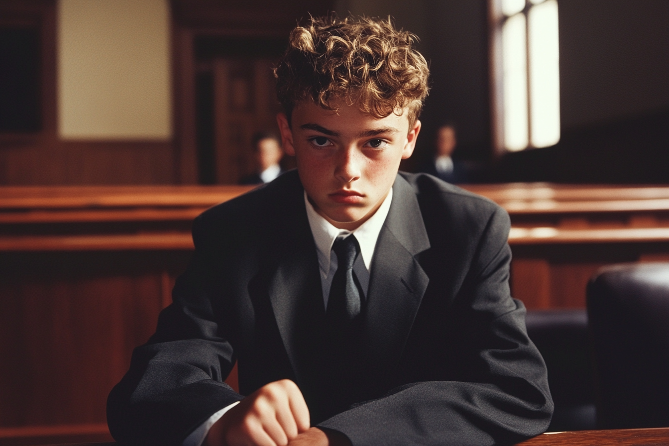 Un jeune homme tendu assis dans une salle d'audience | Source : Midjourney