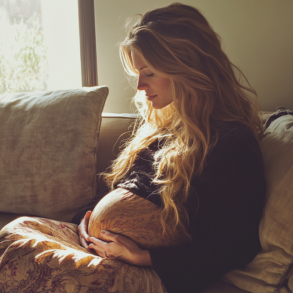 A pregnant woman holding her stomach | Source: Midjourney