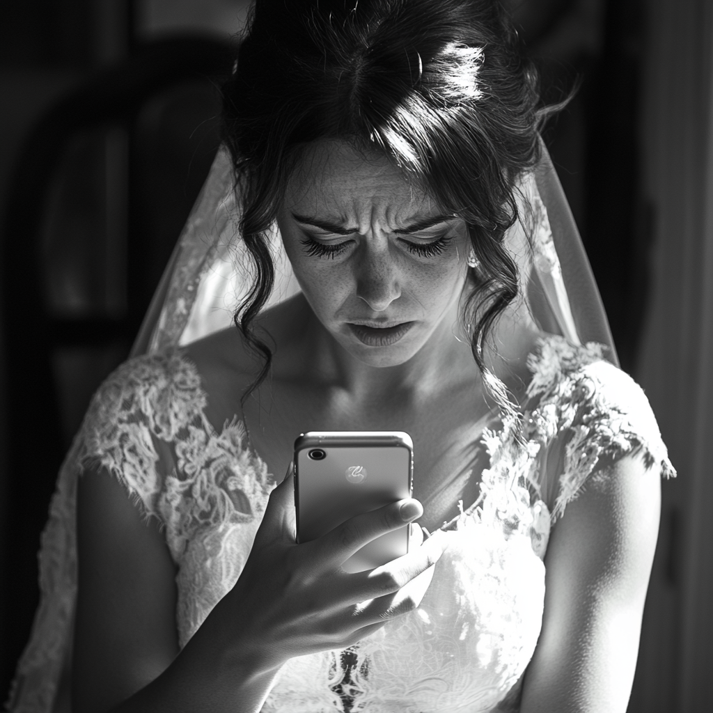 Une mariée qui regarde fixement son téléphone | Source : Midjourney