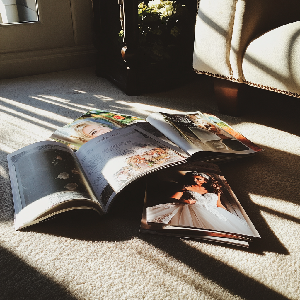 Des magazines de mariage sur un tapis | Source : Midjourney