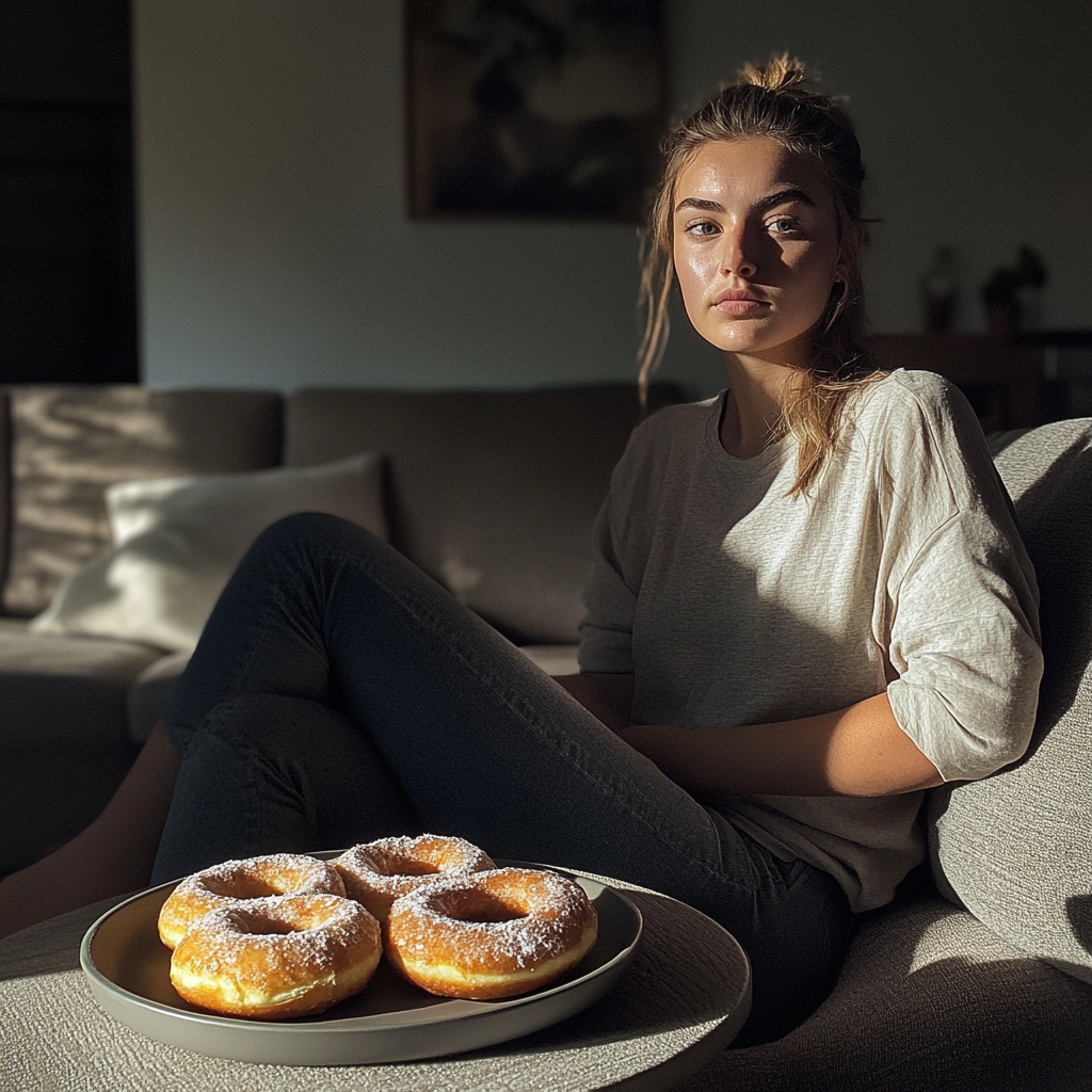 Une femme assise dans son salon | Source : Midjourney