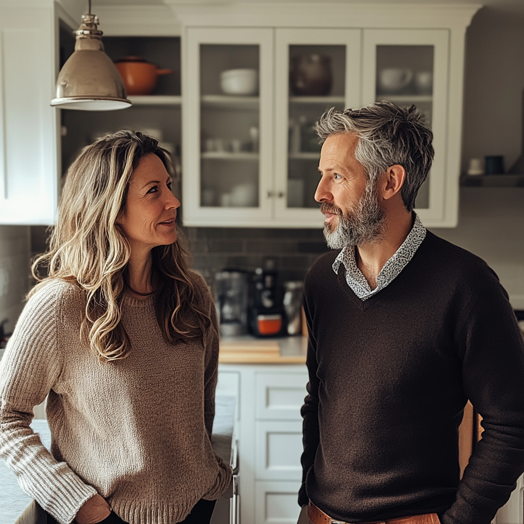 Un couple debout et discutant dans la cuisine | Source : Midjourney