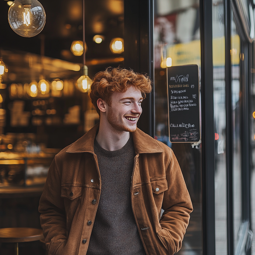 Un homme roux heureux entrant dans un café | Source : Midjourney