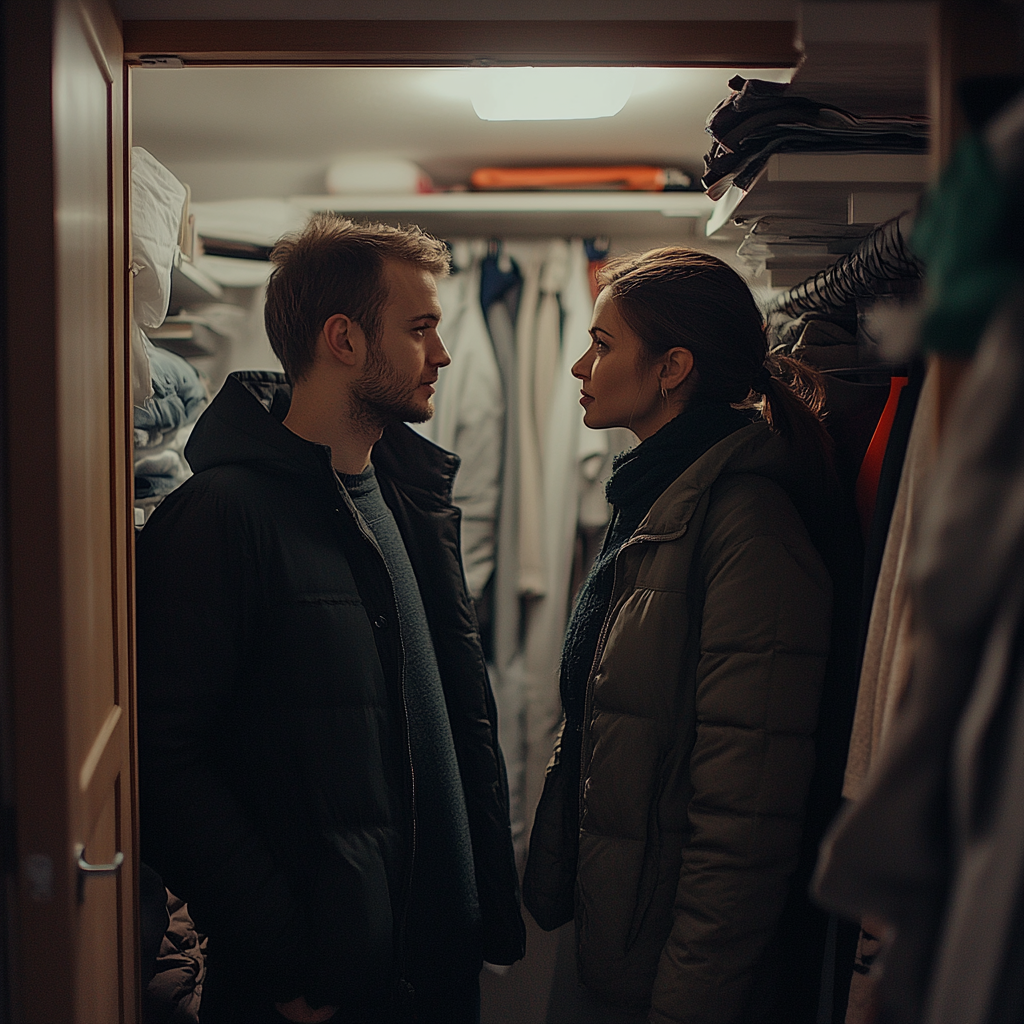 Un couple ayant une discussion sérieuse dans un dressing | Source : Midjourney