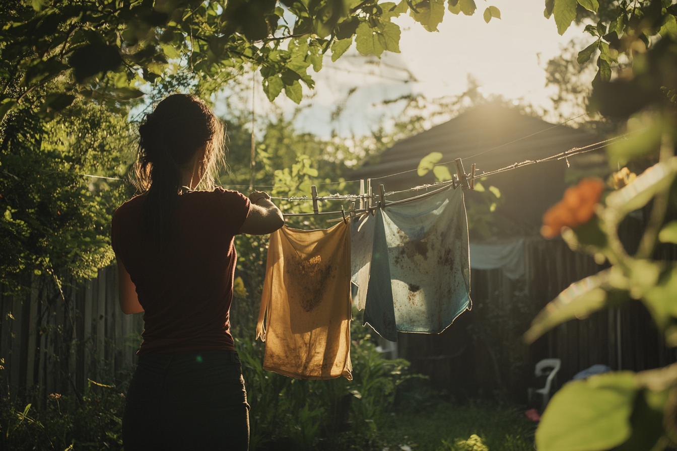 Une femme qui étend du linge taché | Source : Midjourney