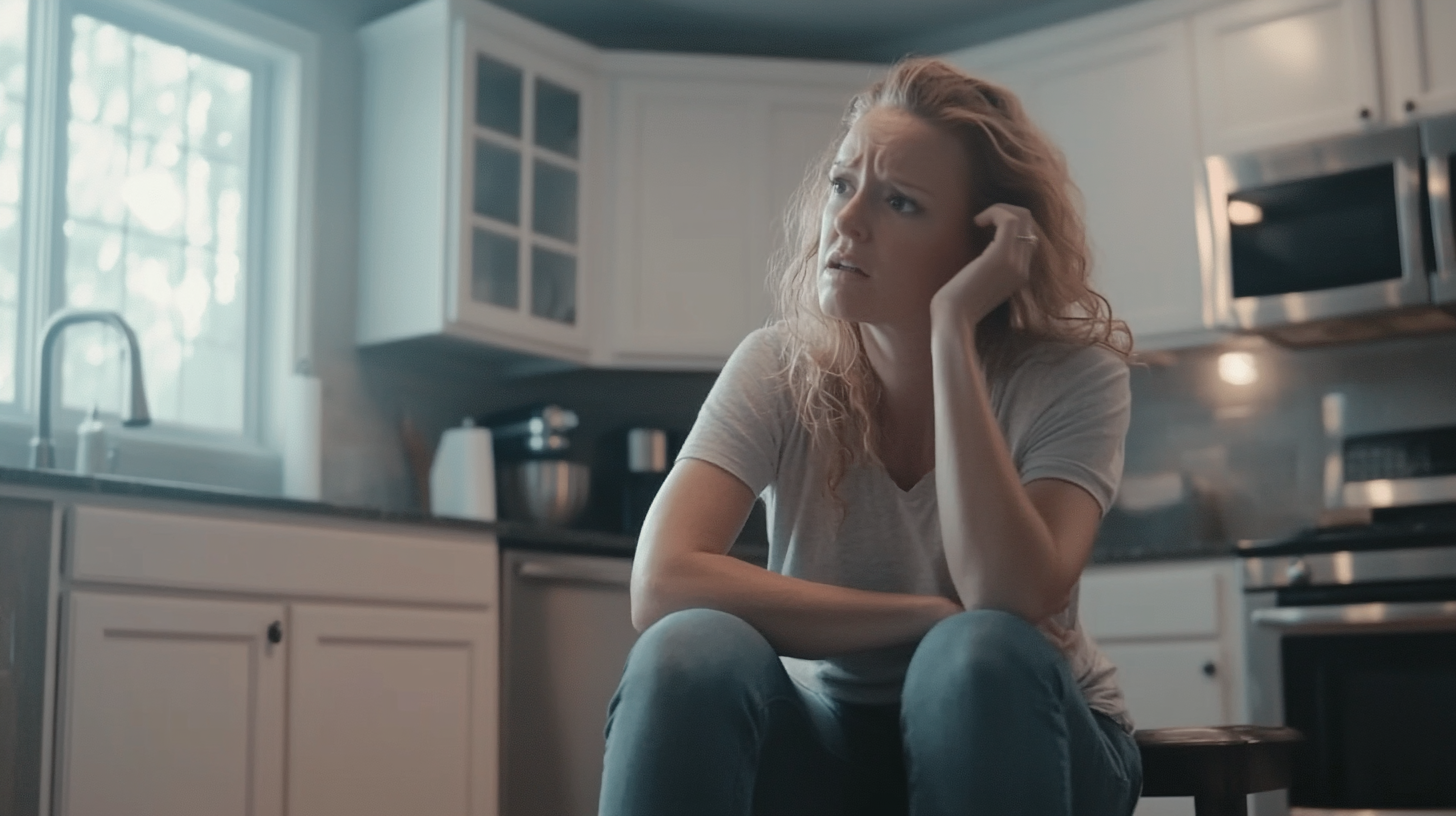 Femme frustrée assise dans la cuisine | Source : Midjourney