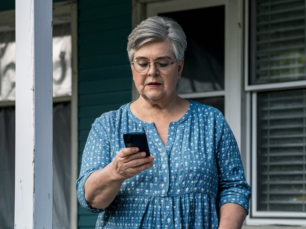 Une femme debout sur sa terrasse, regardant un téléphone portable dans sa main | Source : Midjourney