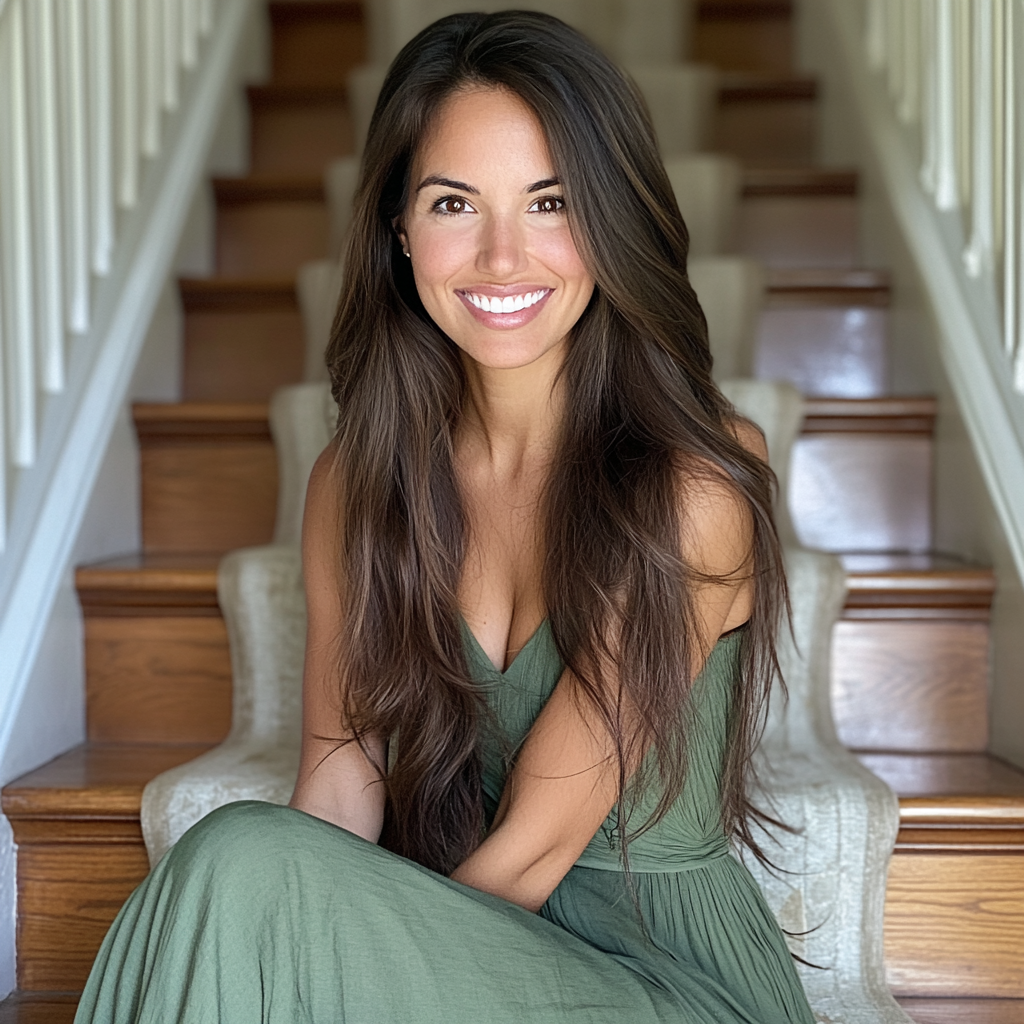 A smiling woman sitting on a staircase | Source: Midjourney