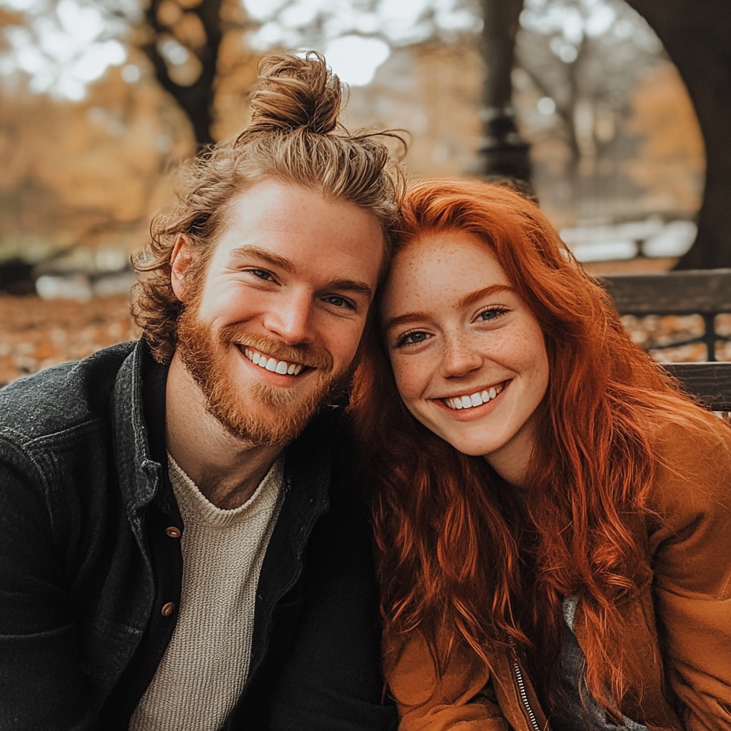Un couple souriant assis sur un banc public | Source : Midjourney