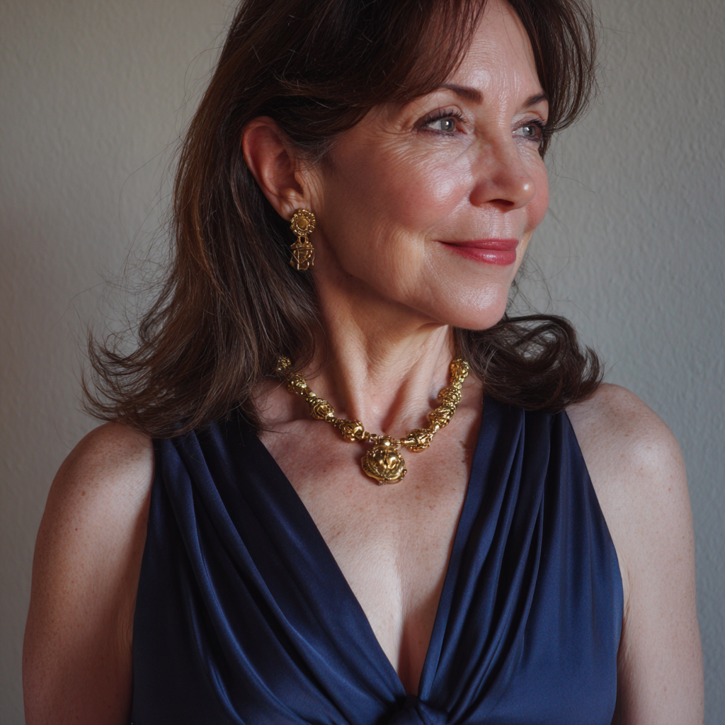 Une femme souriante portant une robe bleue marine | Source : Midjourney