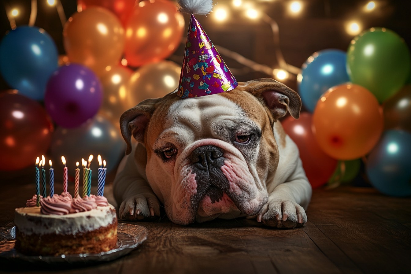 Un bouledogue portant un chapeau de fête allongé à côté d'un gâteau d'anniversaire | Source : Midjourney