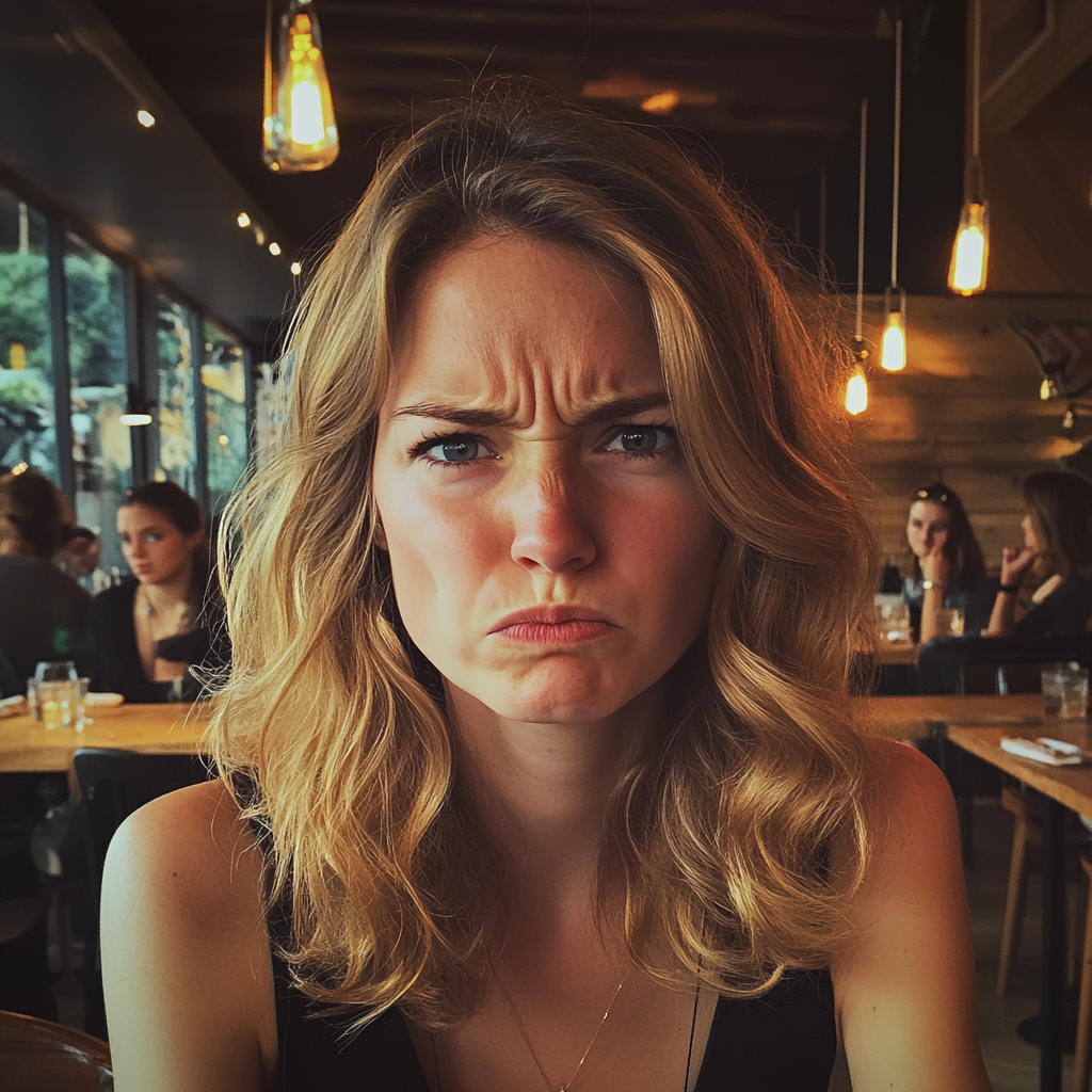 Une femme en colère et déçue dans un restaurant | Source : Midjourney