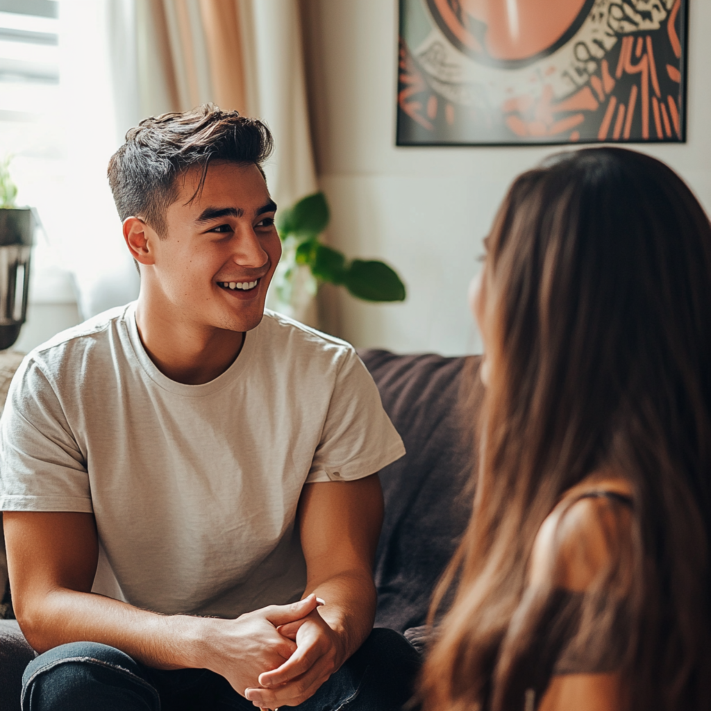 Un homme souriant parle à une femme | Source : Midjourney