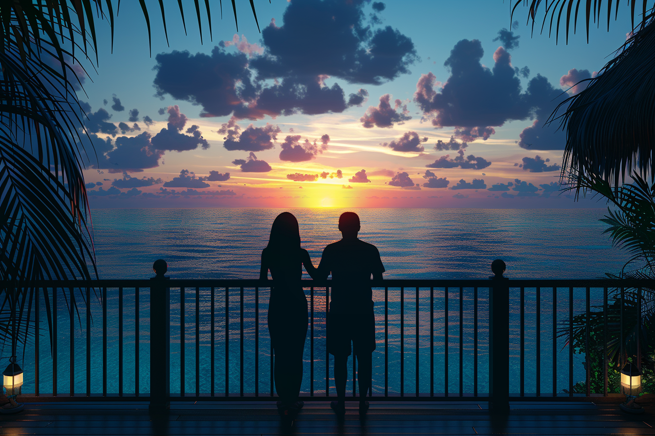 Silhouette d'un couple admirant le coucher de soleil au bord de la mer | Source : Midjourney