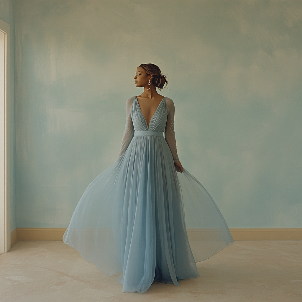 Une femme heureuse dans une robe bleue | Source : Midjourney