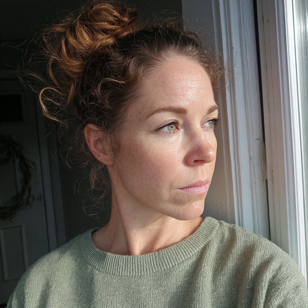 Une femme inquiète devant sa porte d'entrée | Source : Midjourney