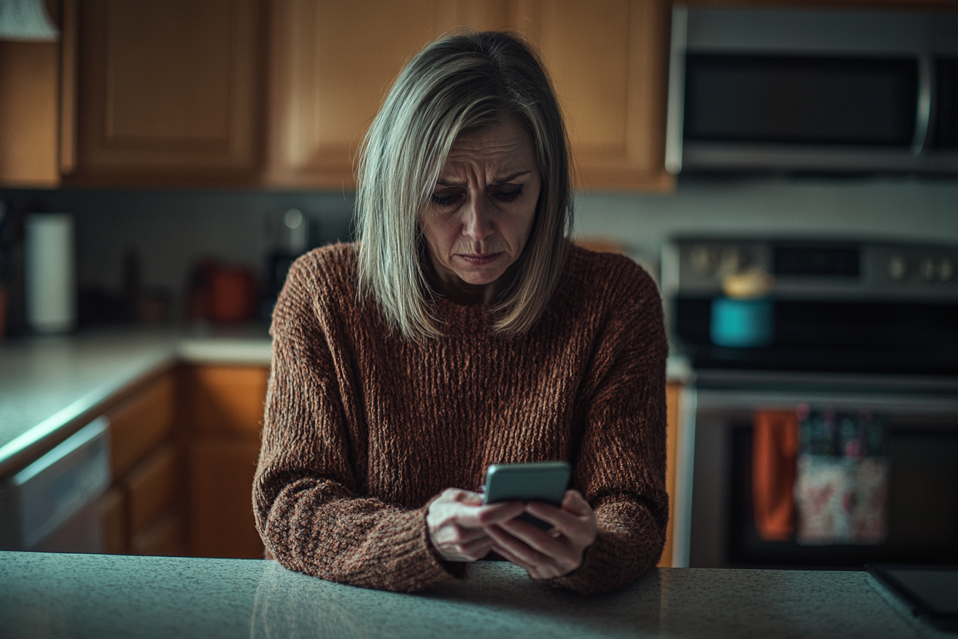 Une femme âgée tenant un téléphone dans une cuisine, l'air triste | Source : Midjourney