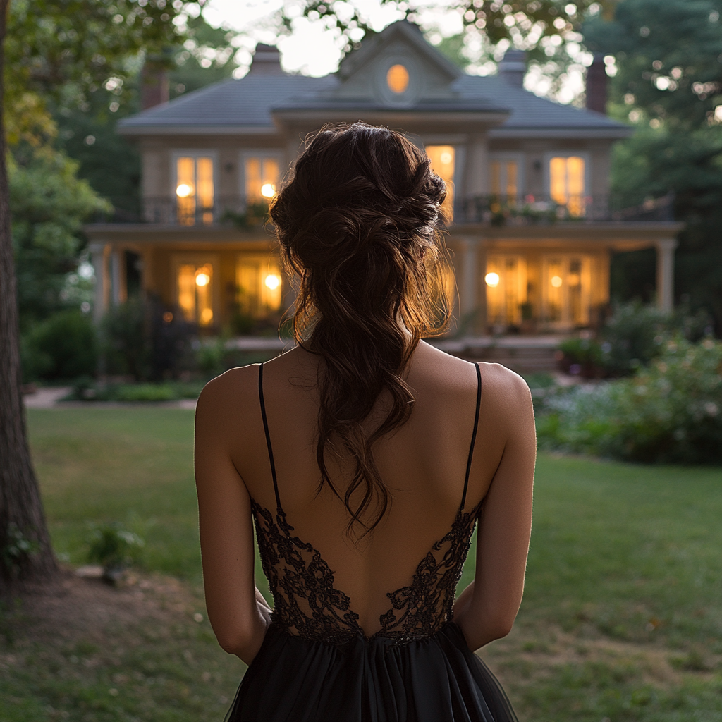 Une femme qui regarde une grande et belle maison | Source : Midjourney