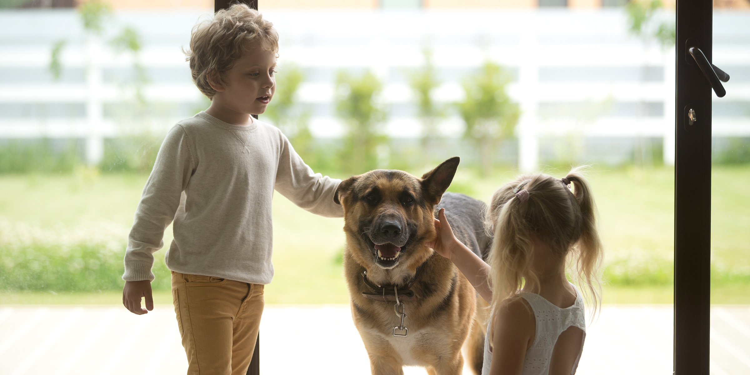 Deux enfants caressent leur berger allemand bien-aimé près d'une porte vitrée ensoleillée | Source : Shutterstock