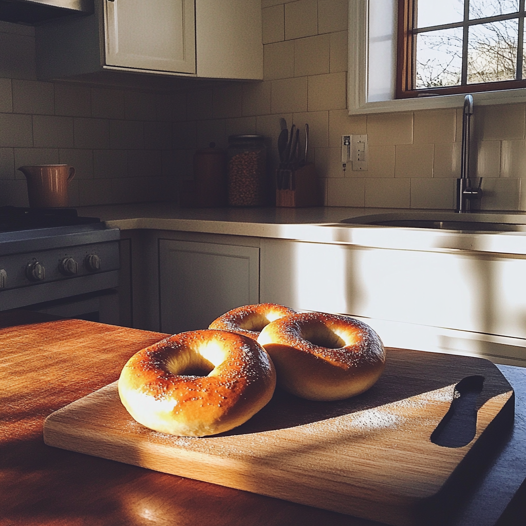 Bagels sur une planche en bois | Source : Midjourney