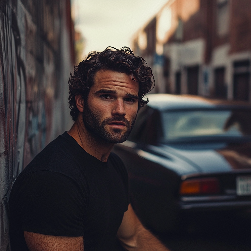 Gros plan d'un homme debout dans une ruelle | Source : Midjourney