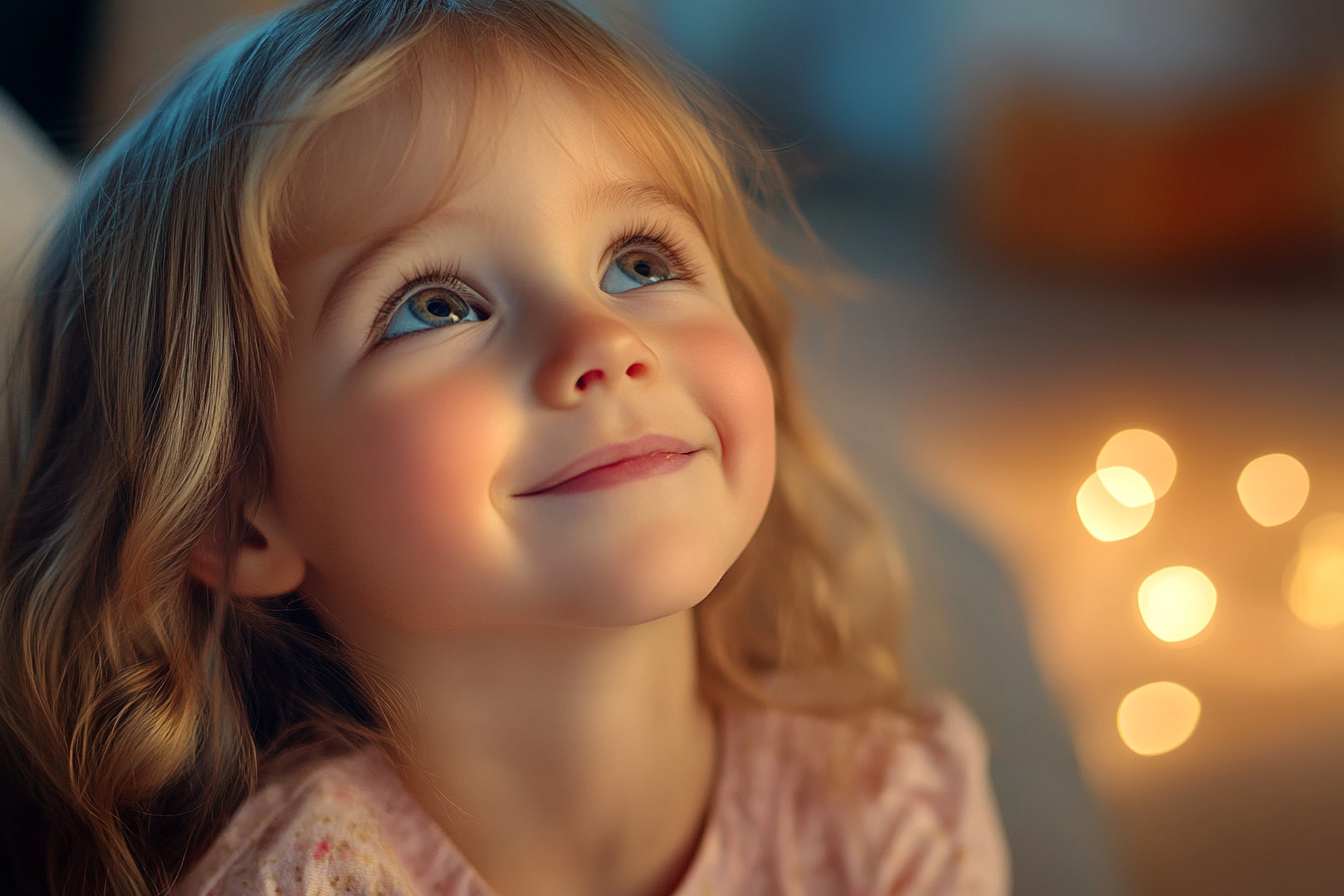 Une petite fille souriante qui regarde vers le haut | Source : Midjourney