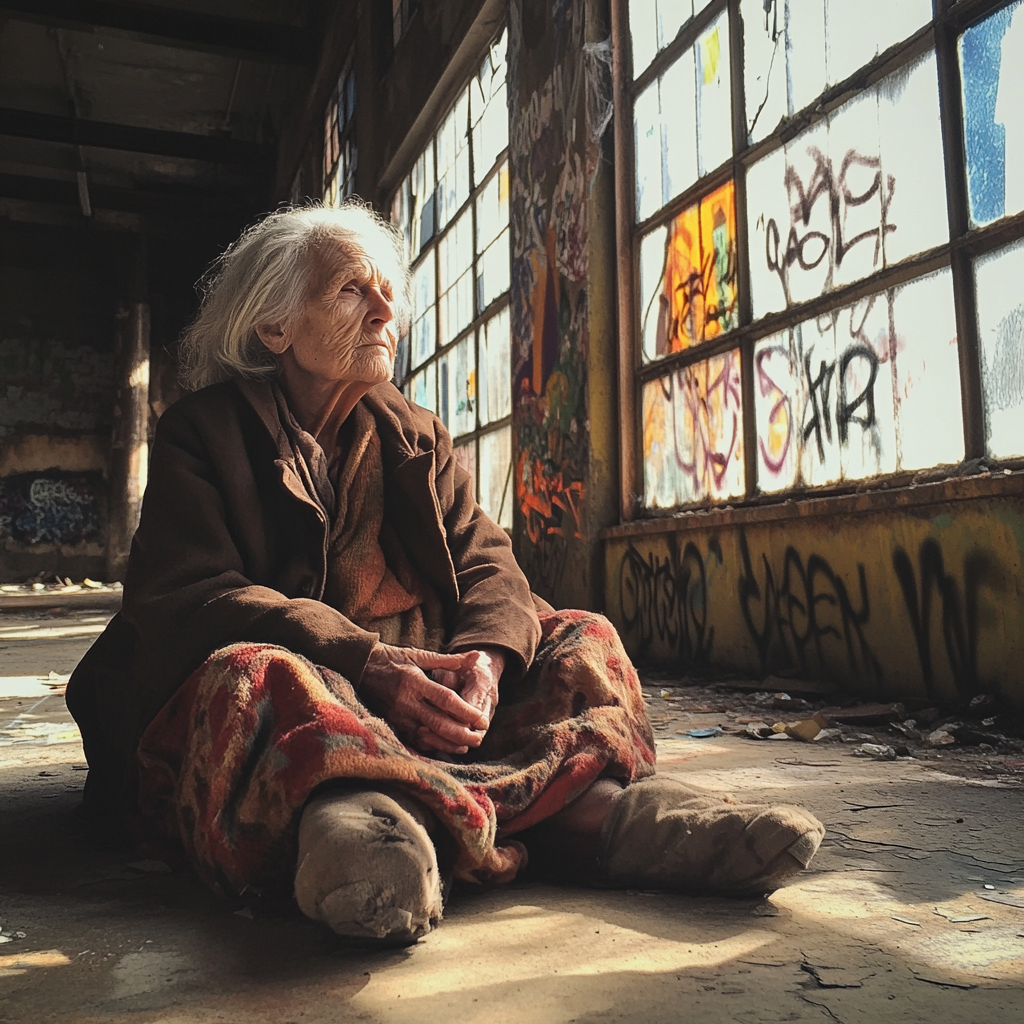 Une femme sans abri assise dans une usine abandonnée | Source : Midjourney