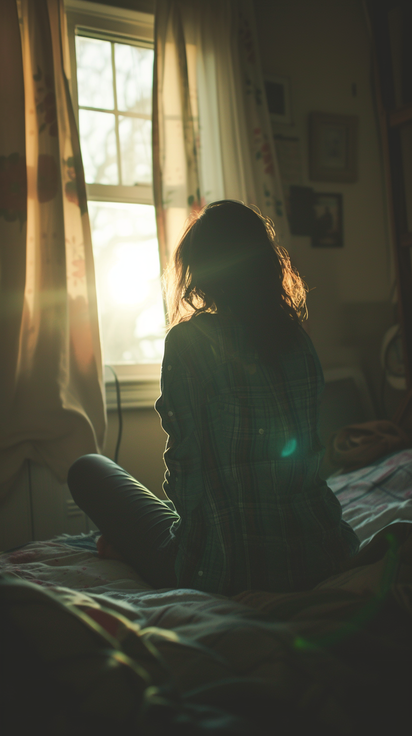 Une femme assise sur un lit | Source : Midjourney