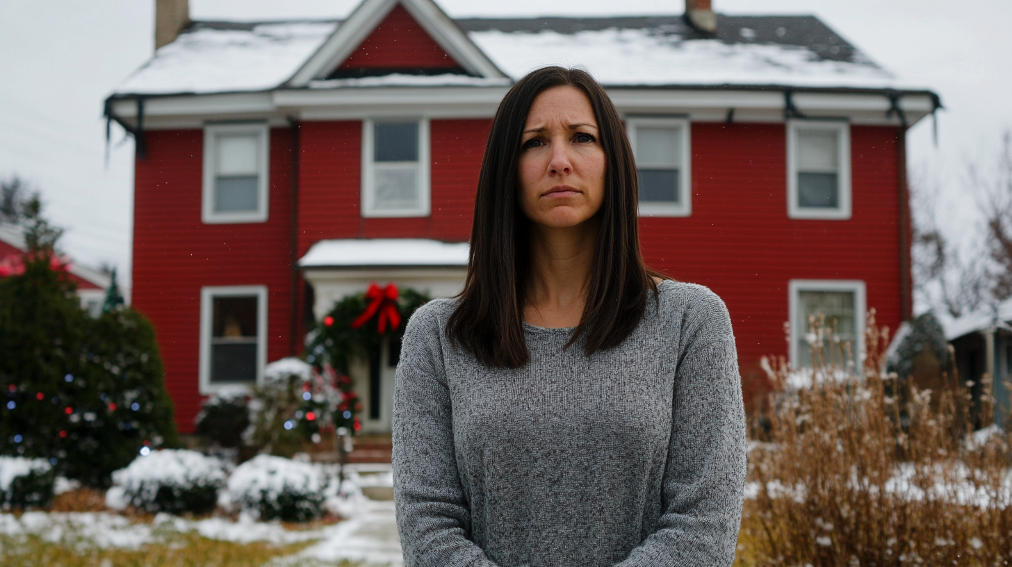 Femme américaine debout devant un grand et beau duplex | Source : Midjourney