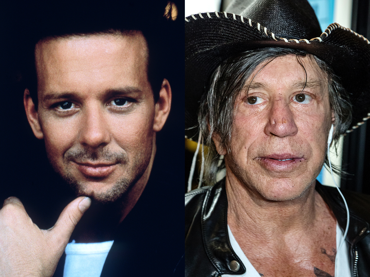 Mickey Rourke dans ses jeunes années et lui maintenant. | Source : Getty Images